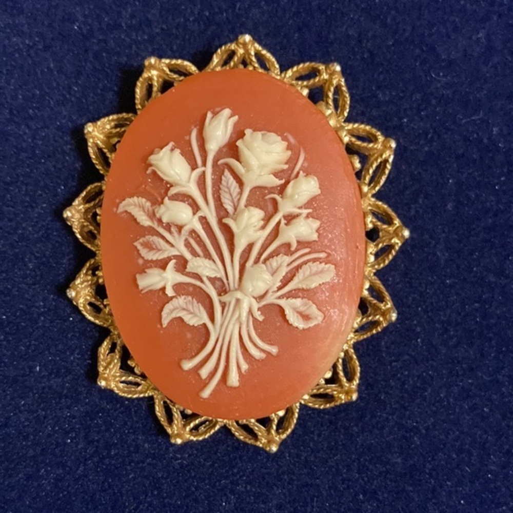 Cameo rose bouquet on coral color background framed by intricate gold tone des…